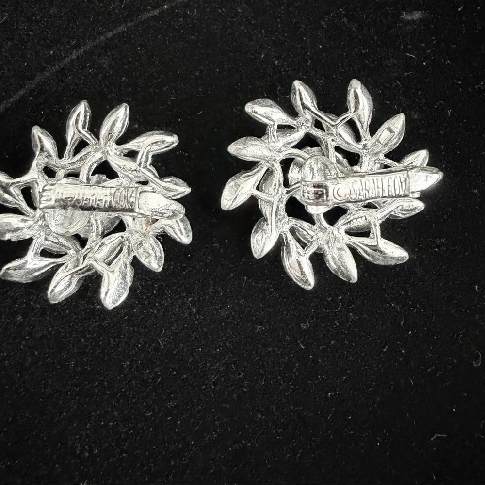 Vintage Sara Coventry Silver Snowflake Clip Earrings Smokey Rhinestone